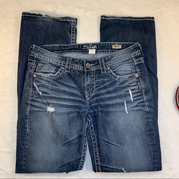 Silver Lola 17" Straight Leg Blue Jeans Distressed Women's  33x30. - Picture 3 of 11